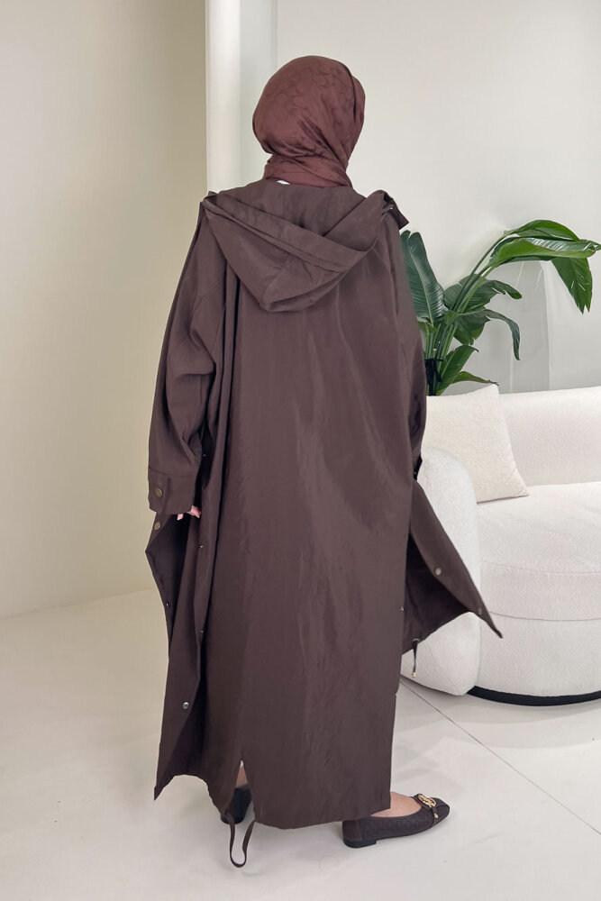 Yujin Yan Çıtçıt Detaylı Kapüşonlu Trençkot - Kahverengi - 8