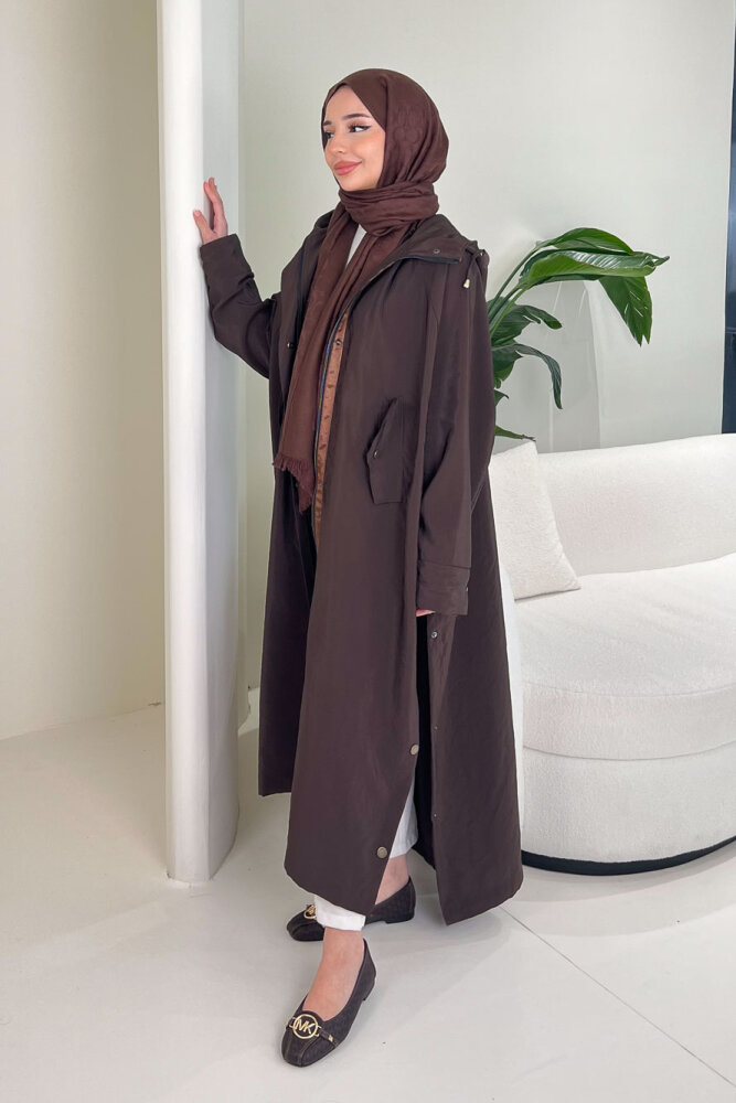 Yujin Yan Çıtçıt Detaylı Kapüşonlu Trençkot - Kahverengi - 2