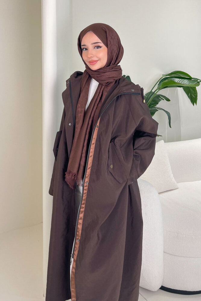 Yujin Yan Çıtçıt Detaylı Kapüşonlu Trençkot - Kahverengi - 6