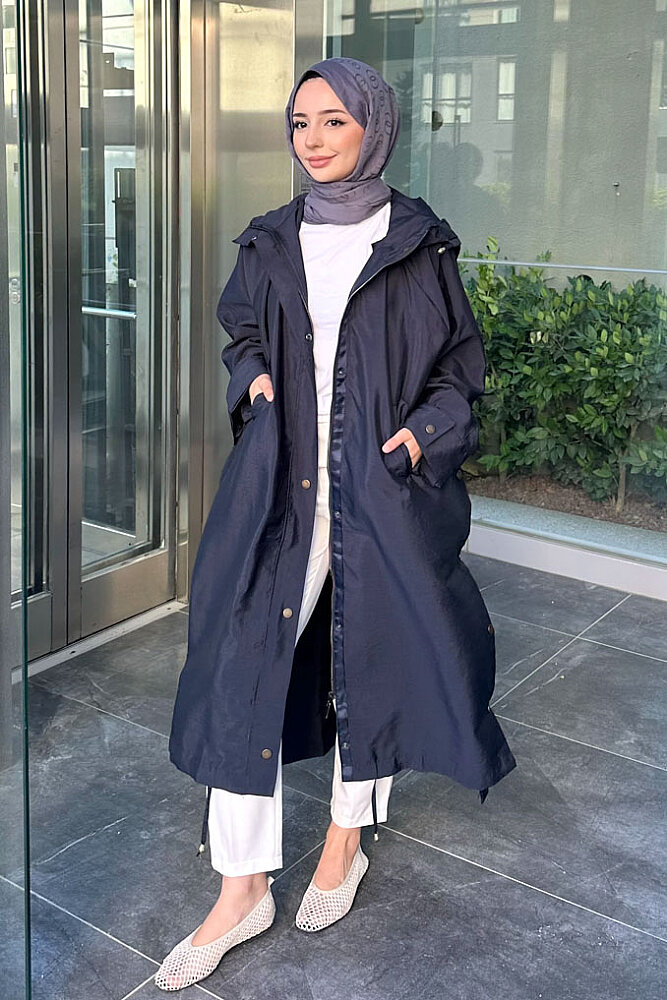 Yujin Yan Çıtçıt Detaylı Kapüşonlu Trençkot - Lacivert - ALLMİSS (3)