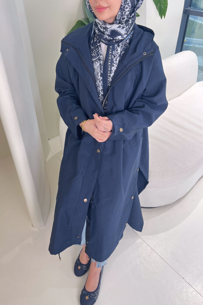 Yujin Yan Çıtçıt Detaylı Kapüşonlu Trençkot - Lacivert - ALLMİSS (3)