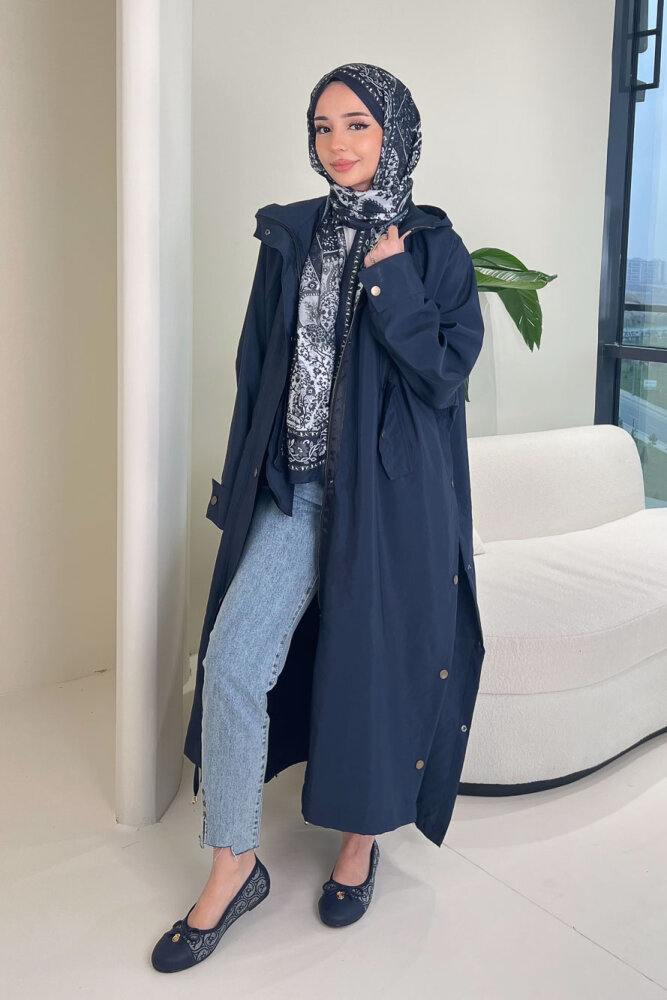 Yujin Yan Çıtçıt Detaylı Kapüşonlu Trençkot - Lacivert - 5