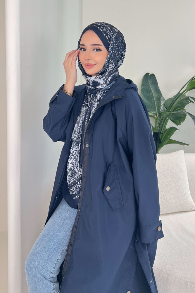 Yujin Yan Çıtçıt Detaylı Kapüşonlu Trençkot - Lacivert - 3