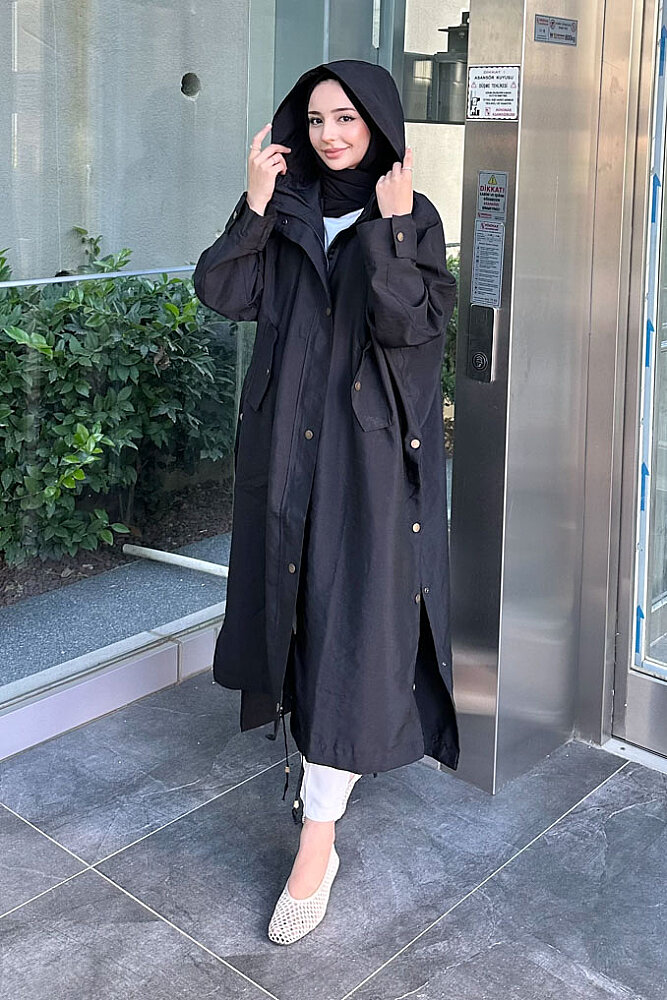 Yujin Yan Çıtçıt Detaylı Kapüşonlu Trençkot - Siyah - ALLMİSS (0)