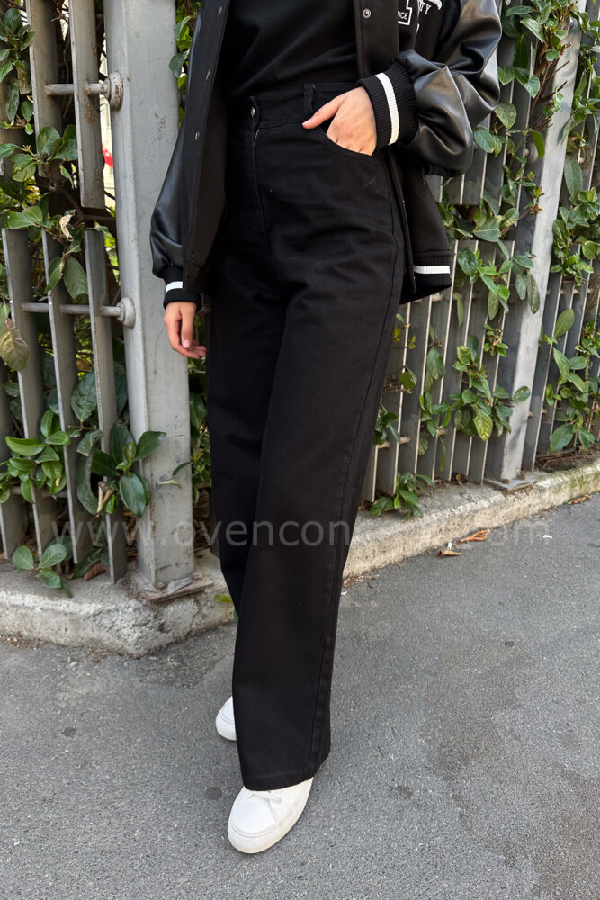 Yüksek Bel Geniş Paça Pantolon- - Siyah - 2