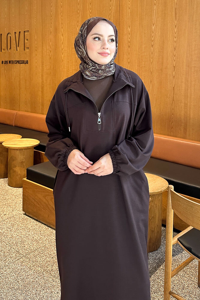 Yüksek Yaka Kesik Detaylı Elbise - Acı Kahve - İKOL (1)