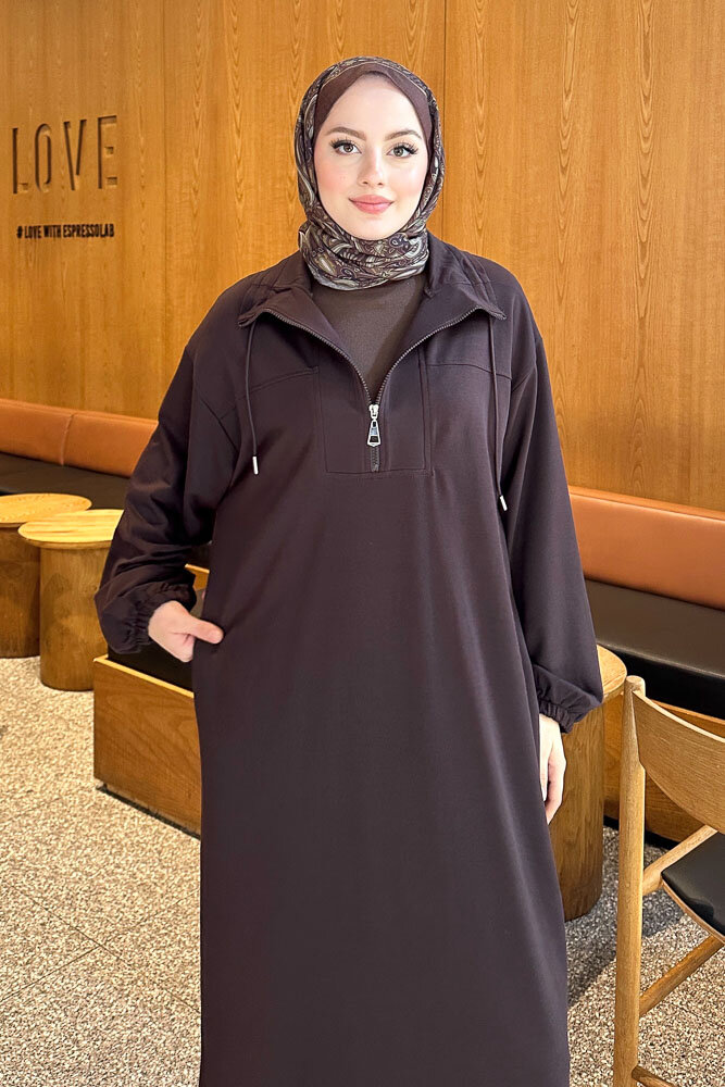 Yüksek Yaka Kesik Detaylı Elbise - Acı Kahve - İKOL (2)