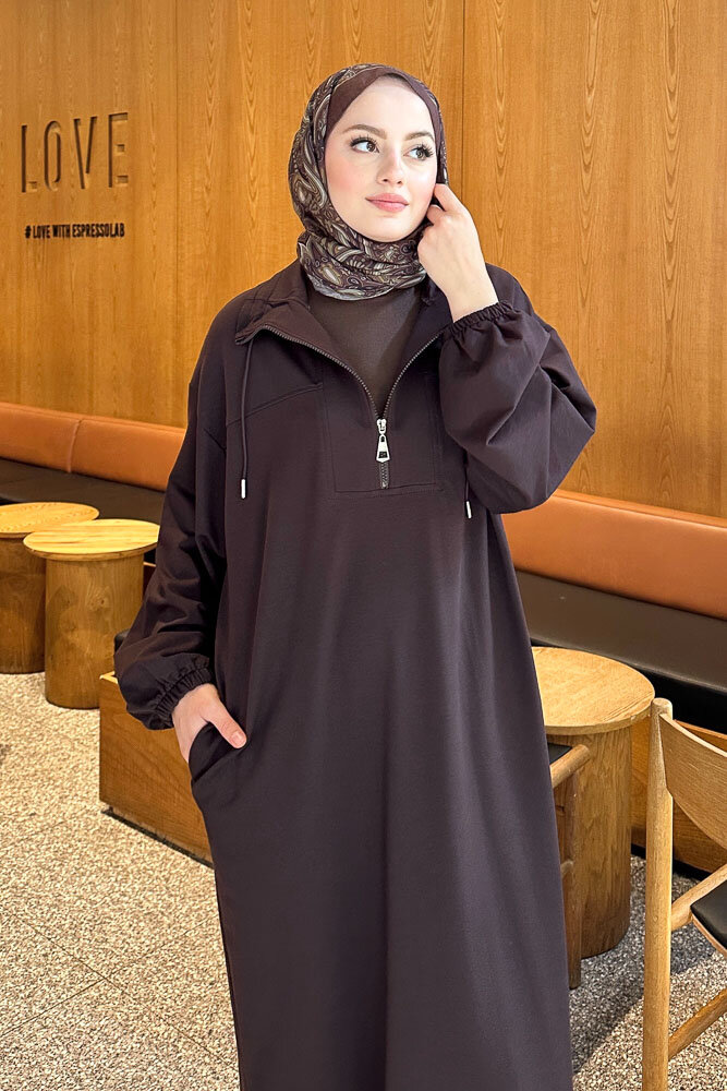 Yüksek Yaka Kesik Detaylı Elbise - Acı Kahve - İKOL (4)