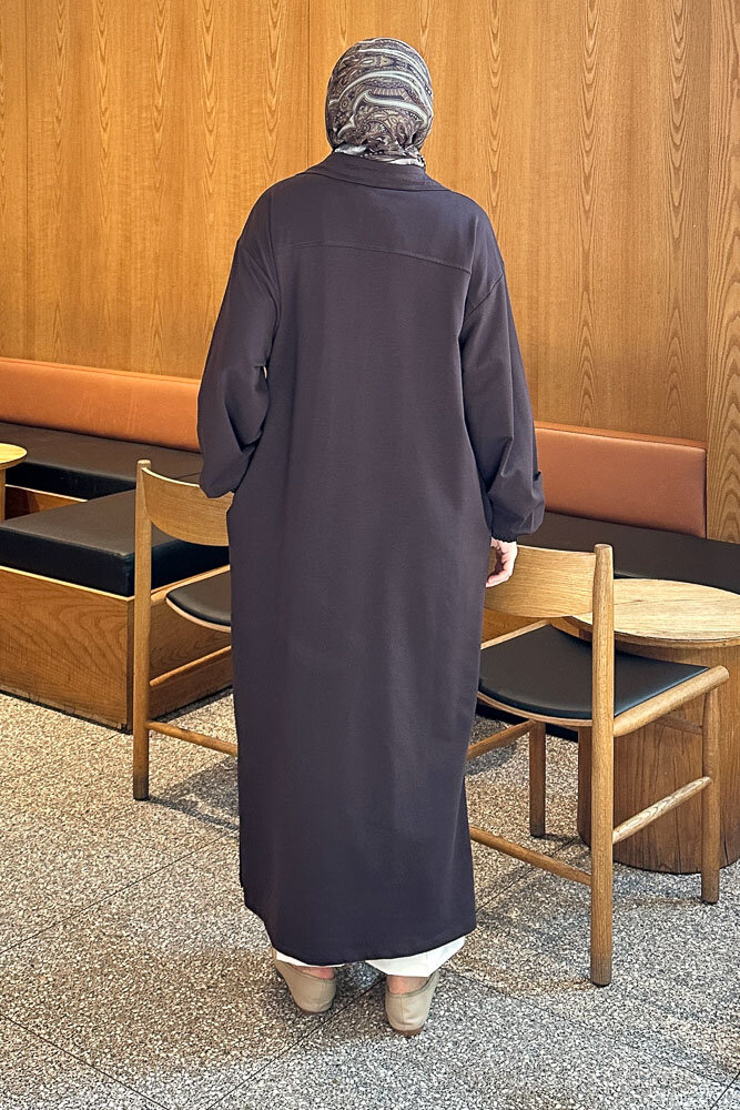 Yüksek Yaka Kesik Detaylı Elbise - Acı Kahve - İKOL (5)