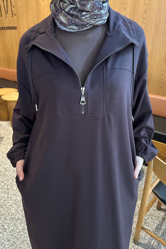 Yüksek Yaka Kesik Detaylı Elbise - Acı Kahve - İKOL (3)