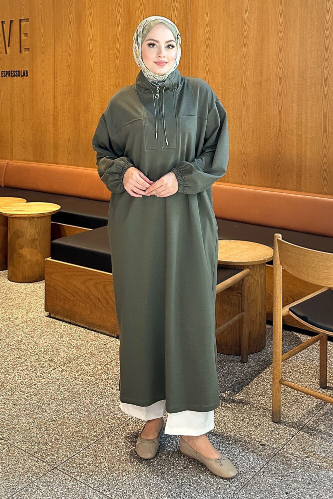 Yüksek Yaka Kesik Detaylı Elbise - Haki - İKOL (3)