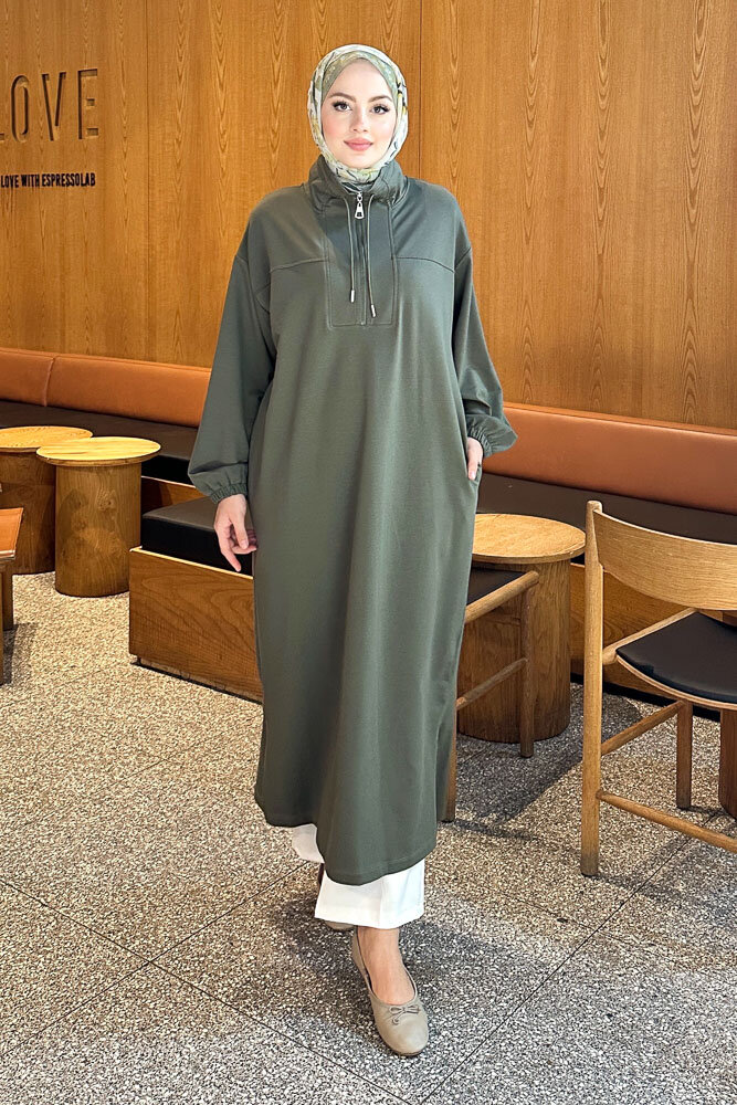 Yüksek Yaka Kesik Detaylı Elbise - Haki - İKOL (5)