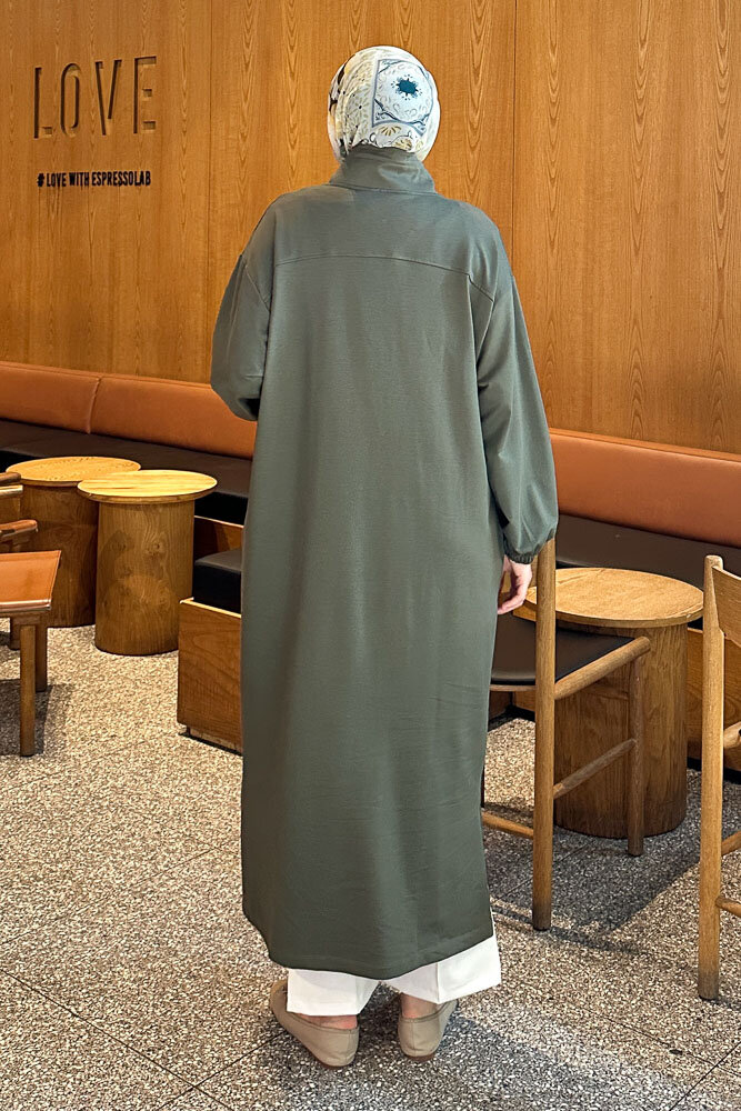 Yüksek Yaka Kesik Detaylı Elbise - Haki - İKOL (4)