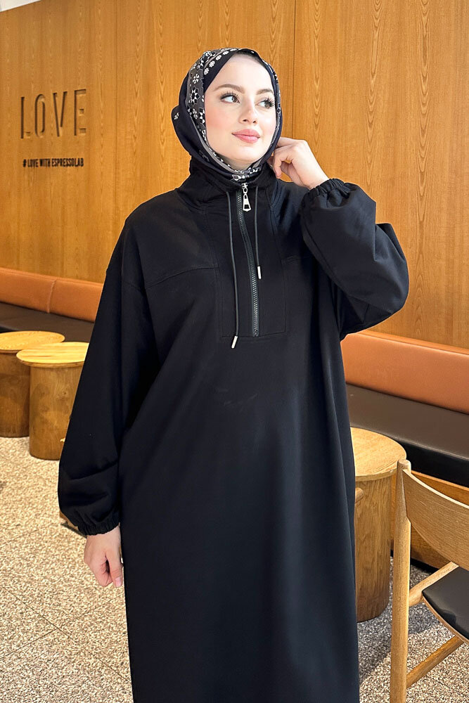 Yüksek Yaka Kesik Detaylı Elbise - Siyah - İKOL (1)