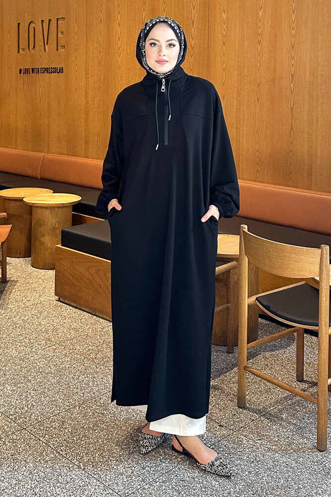 Yüksek Yaka Kesik Detaylı Elbise - Siyah - İKOL (2)