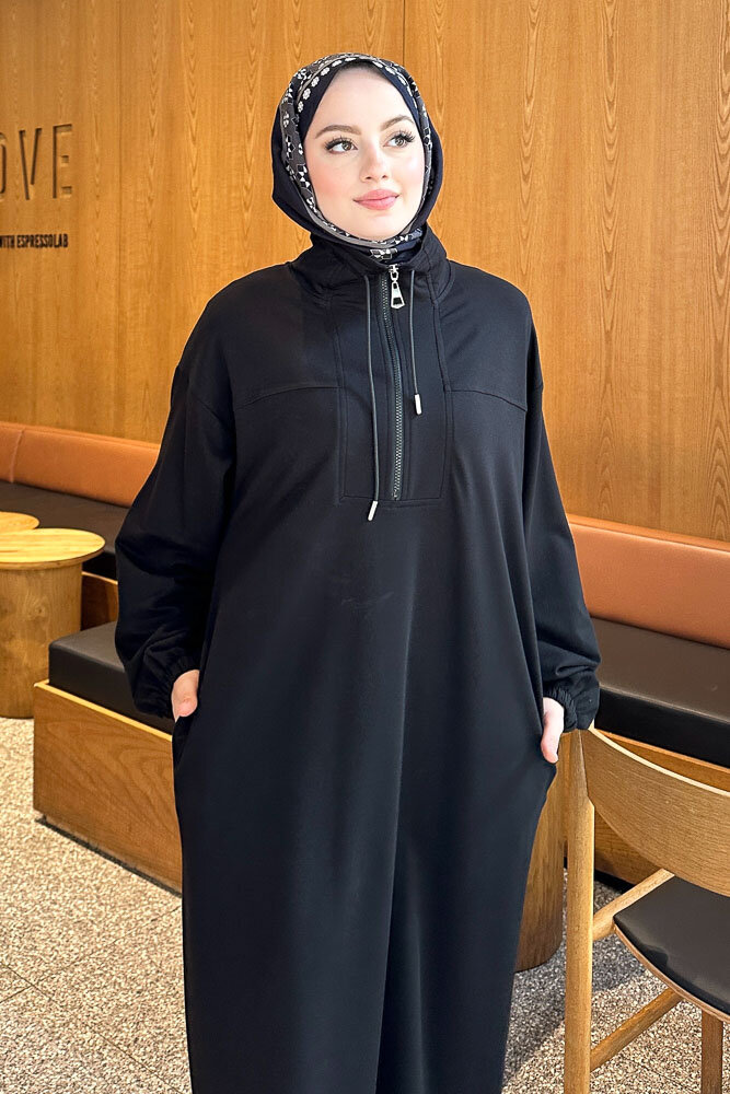 Yüksek Yaka Kesik Detaylı Elbise - Siyah - İKOL (5)