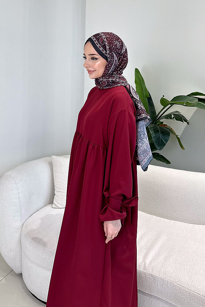 Zen Kolu Kemer Detaylı Elbise - Bordo - ALLMİSS (3)