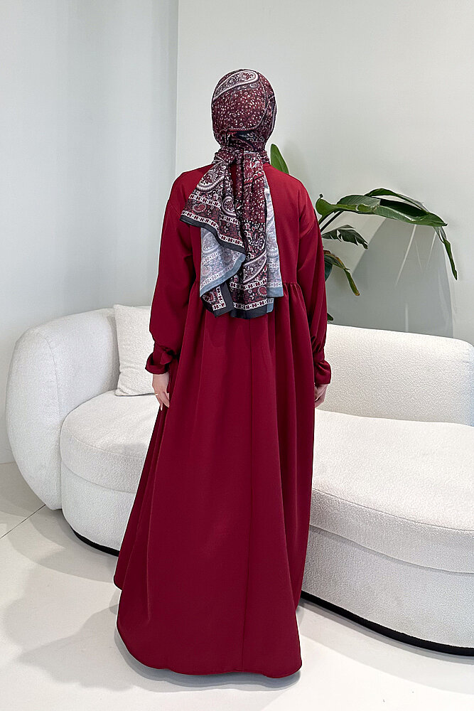 Zen Kolu Kemer Detaylı Elbise - Bordo - ALLMİSS (5)