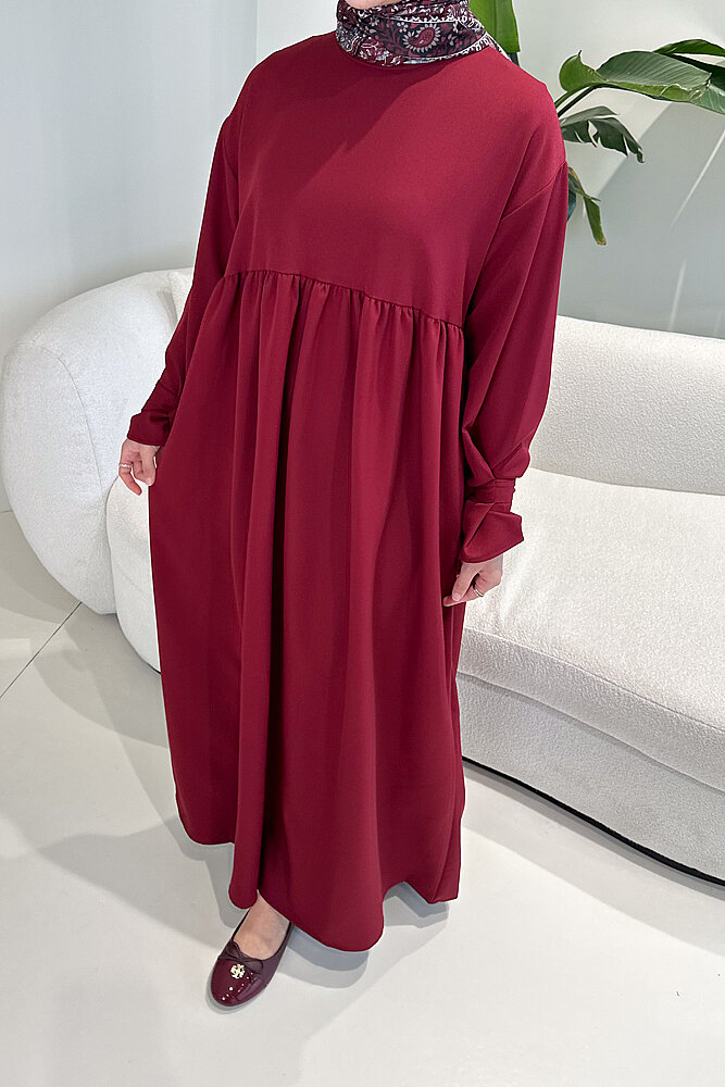 Zen Kolu Kemer Detaylı Elbise - Bordo - ALLMİSS (4)