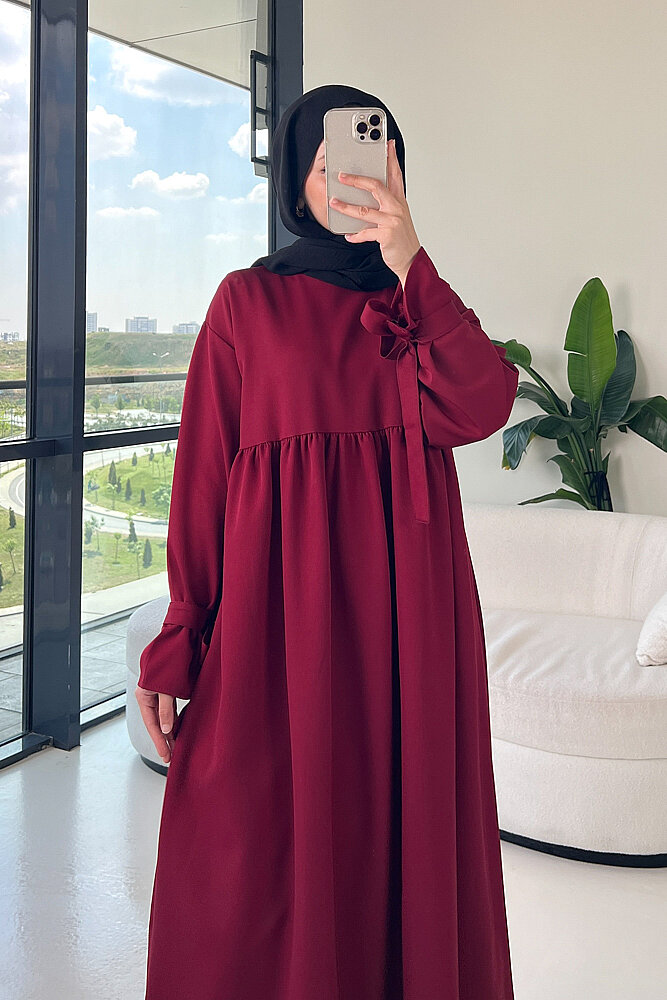 Zen Kolu Kemer Detaylı Elbise - Bordo - 7