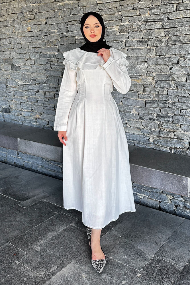 Zenya Kat Kat Elbise - Ekru - HENZA (5)