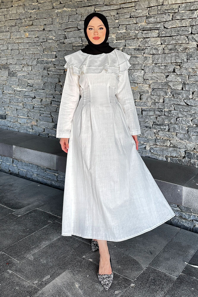 Zenya Kat Kat Elbise - Ekru - HENZA (3)