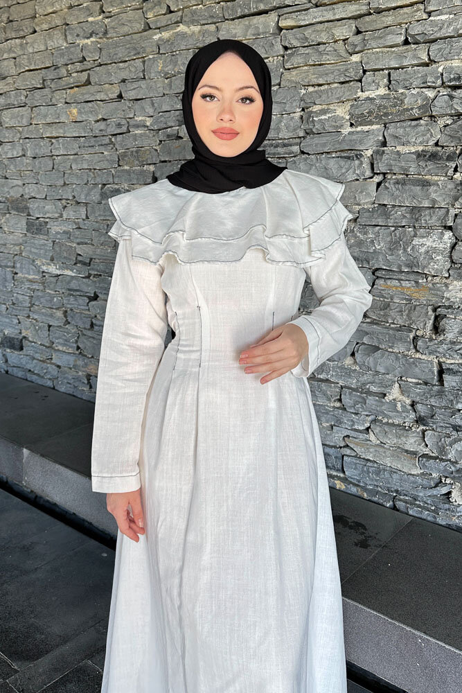 Zenya Kat Kat Elbise - Ekru - HENZA (4)