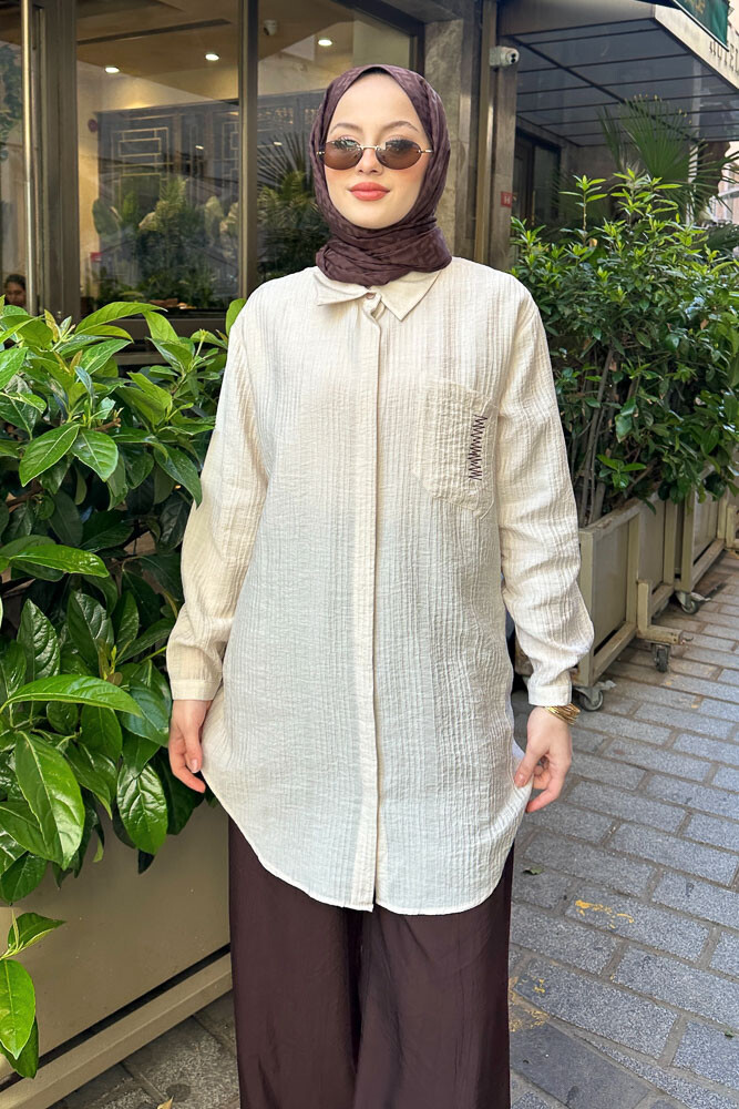 Zik Zak Dikişli Gömlek - Bej - PUANE (5)