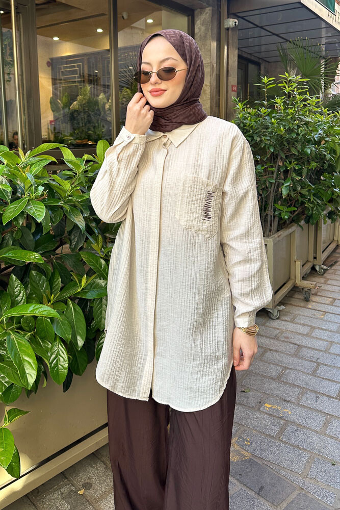 Zik Zak Dikişli Gömlek - Bej - PUANE (2)