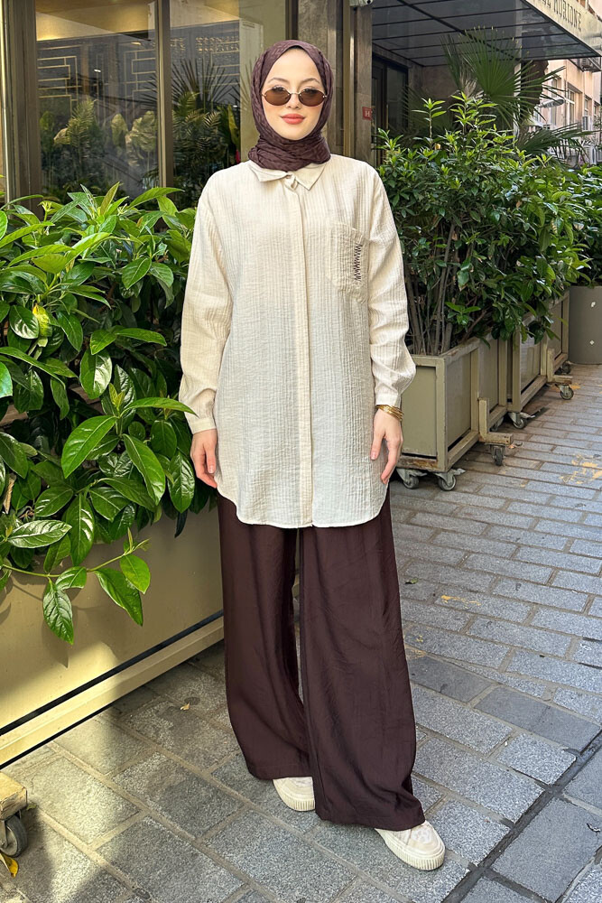 Zik Zak Dikişli Gömlek - Bej - PUANE (1)