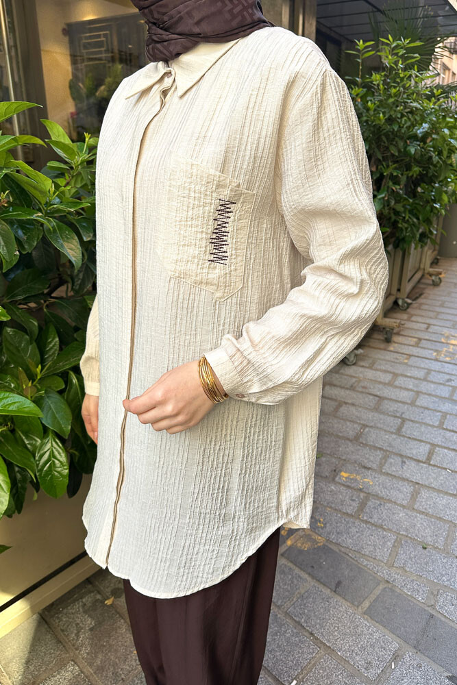 Zik Zak Dikişli Gömlek - Bej - PUANE (4)