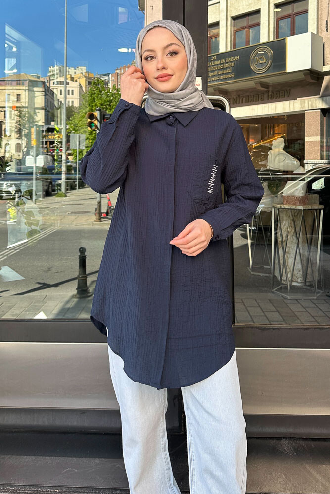 Zik Zak Dikişli Gömlek - Lacivert - 7