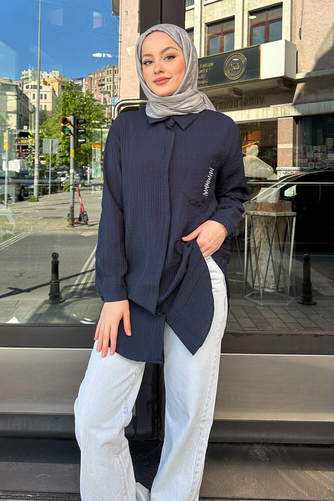 Zik Zak Dikişli Gömlek - Lacivert - PUANE (1)