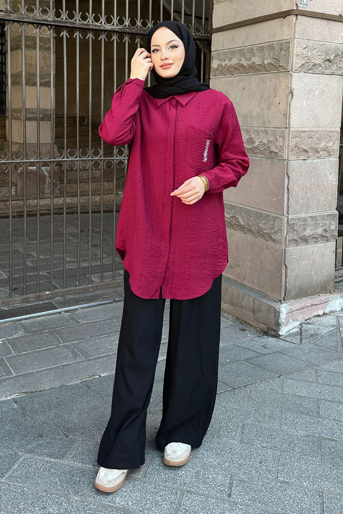 Zik Zak Dikişli Gömlek - Mürdüm - 5