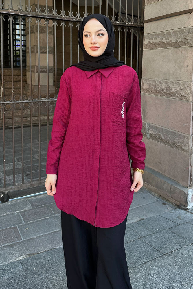 Zik Zak Dikişli Gömlek - Mürdüm - 3