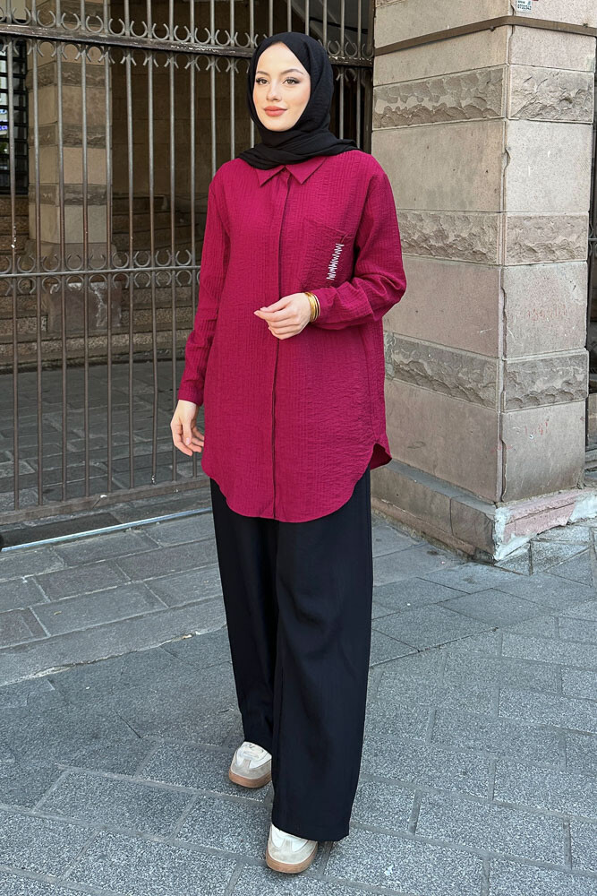 Zik Zak Dikişli Gömlek - Mürdüm - 8