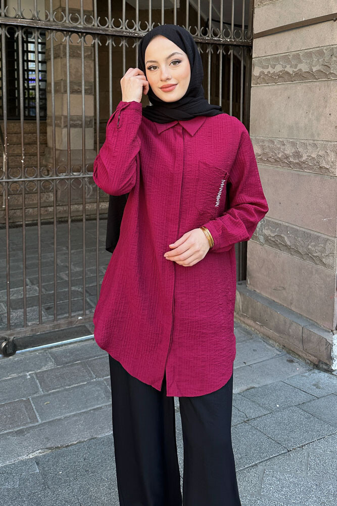 Zik Zak Dikişli Gömlek - Mürdüm - 6