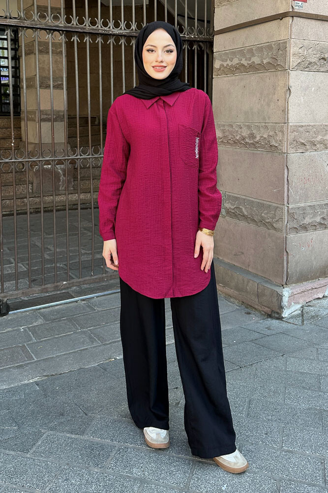 Zik Zak Dikişli Gömlek - Mürdüm - 1